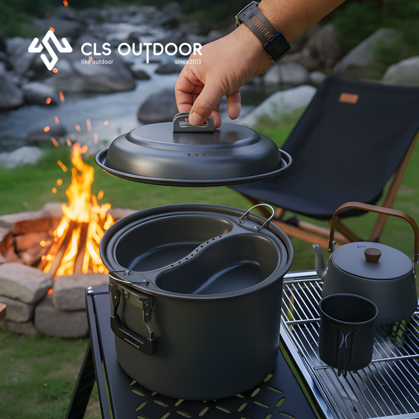 Camping Cooking Set Large - 6.5L大容量マンダリンダック蒸し器＆調理鍋セット、屋外自走式バーベキューポータブルキャンプ家庭用スープポット