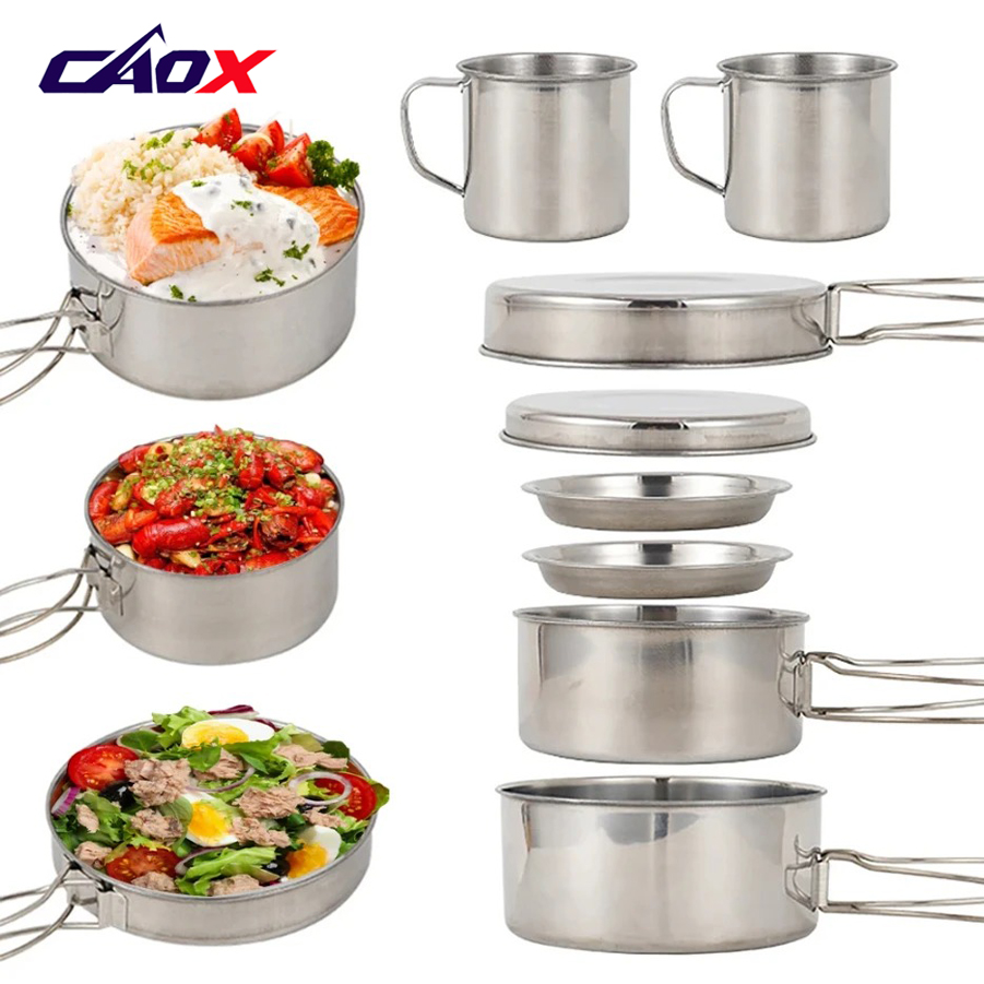 Camping Cooking Set Large - CAOX 8個セット キャンプ用調理器具セット ステンレス製鍋とフライパンセット プレートとカップ付き アウトドアハイキングバックパッキング用