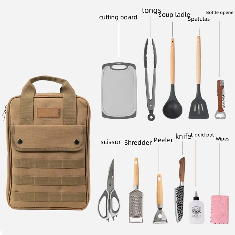 Camping Cooking Utensil Bag - キャンプ用調理器具アクセサリーセット、12個入りポータブル調理器具オーガナイザー、屋外ピクニック用食器収納バッグ
