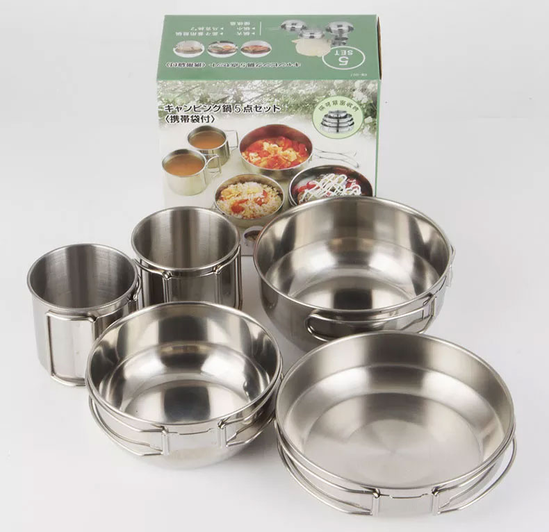 Camping Cooking Ware Set - 折りたたみ式5ピースカップキッチン鍋フライパンセット屋外調理器具キャンプ用品調理器具収納食品ボックス