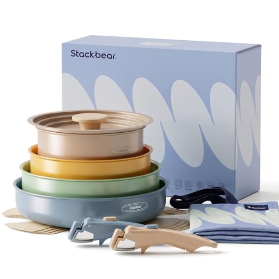 Camping Cooking Set Detachable Handle - セラミック調理器具セット、取り外し可能なハンドル付き鍋とフライパン、ノンスティック、12点キャンプ用調理セット、ノンスティック、収納バッグ付き、アンチスティック