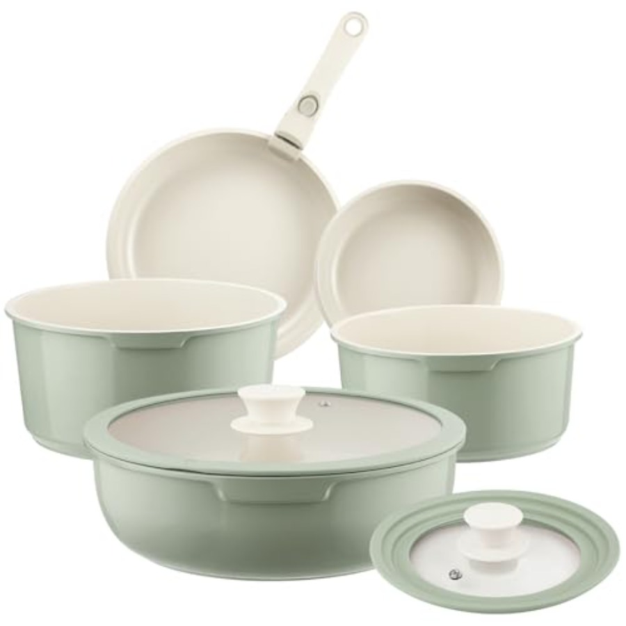 Camping Cooking Set Detachable Handle - セラミック製鍋とフライパンセット ノンスティック グリーン、8点セット 取り外し可能なハンドル付き RVキャンプ用 IH対応
