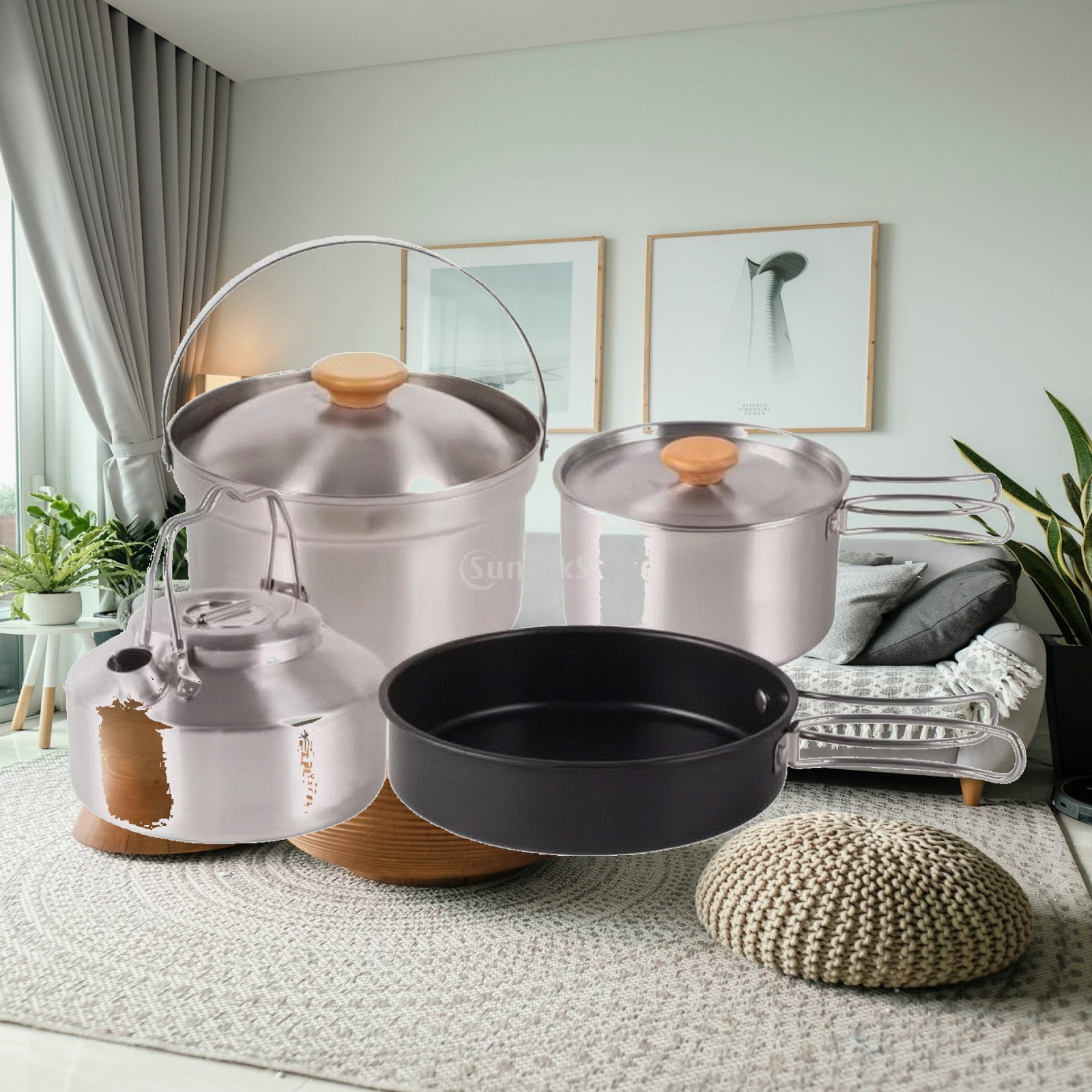Nesting Camping Cooking Set - 4ピースステンレス製キャンプ調理セット、ネスティング式キャンプ調理器具セット（ケトル、食器セット付き）、耐熱性、コンパクトでキャンパーに最適