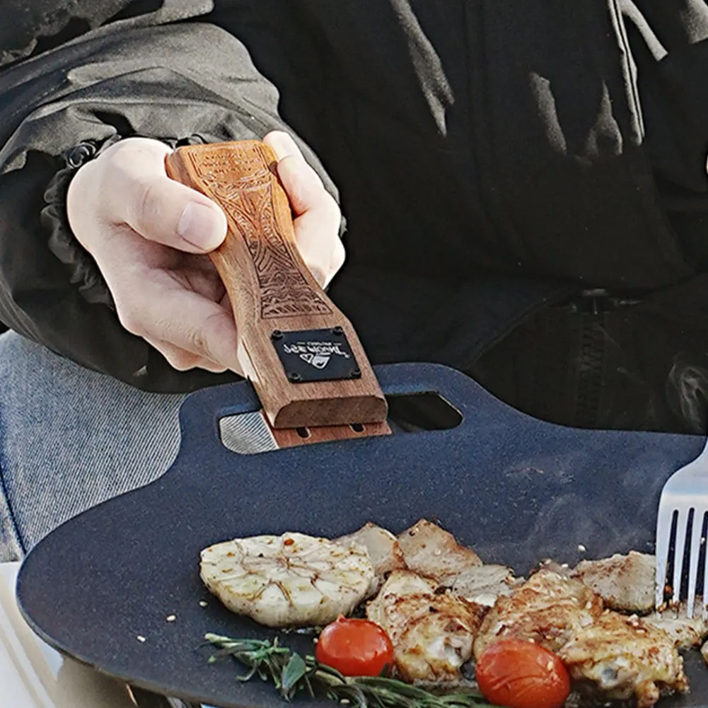 Camping Cooking Hardware - 屋外用天然木製グリルパンハンドル、取り外し可能、耐熱性、火傷防止グリップ、BBQプレートクリップ、ポータブルキャンプ調理ツール