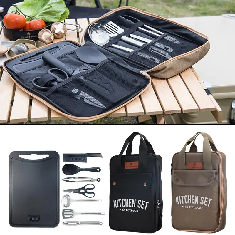Camping Cooking Hardware - 8点セット キャンプキッチン調理器具セット ポータブル屋外旅行用具 ステンレス製調理・グリルセット バーベキューピクニック用