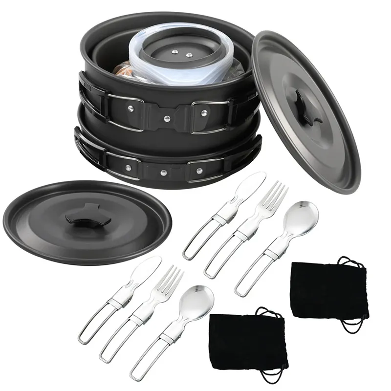 Nesting Camping Cooking Set - ポータブルキャンプ調理器具セット ネスティングデザイン アウトドアクッキングポット 4～5人用 キャンプ食器キット