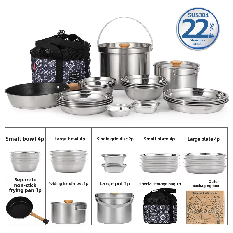 Camping Cooking Ware Set - NOBANA 最新の屋外ステンレス鋼ポットセットキャンプファミリーポットセット 5L ポータブルピクニックスープポット揚げ蒸し家庭用ポット