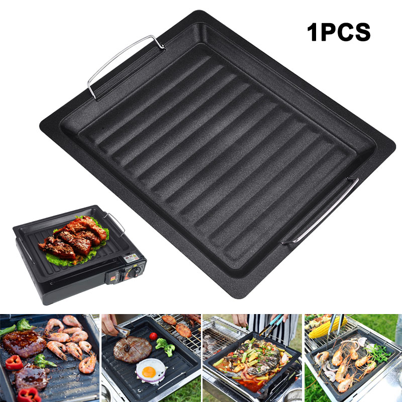 Camping Cooking Hardware - 屋外用厚い四角グリルパン 2つのハンドル付き ポータブルノンスティックグリルパン ベーキングトレイ 外出用 バーベキュー