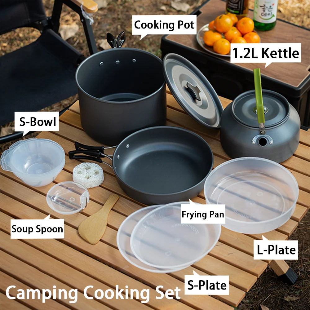 Camping Cooking Set Large - 大容量ノンスティックキャンプクッキングキット（3～4人用）ポータブルネストクックウェアセットアウトドアキッチン用品