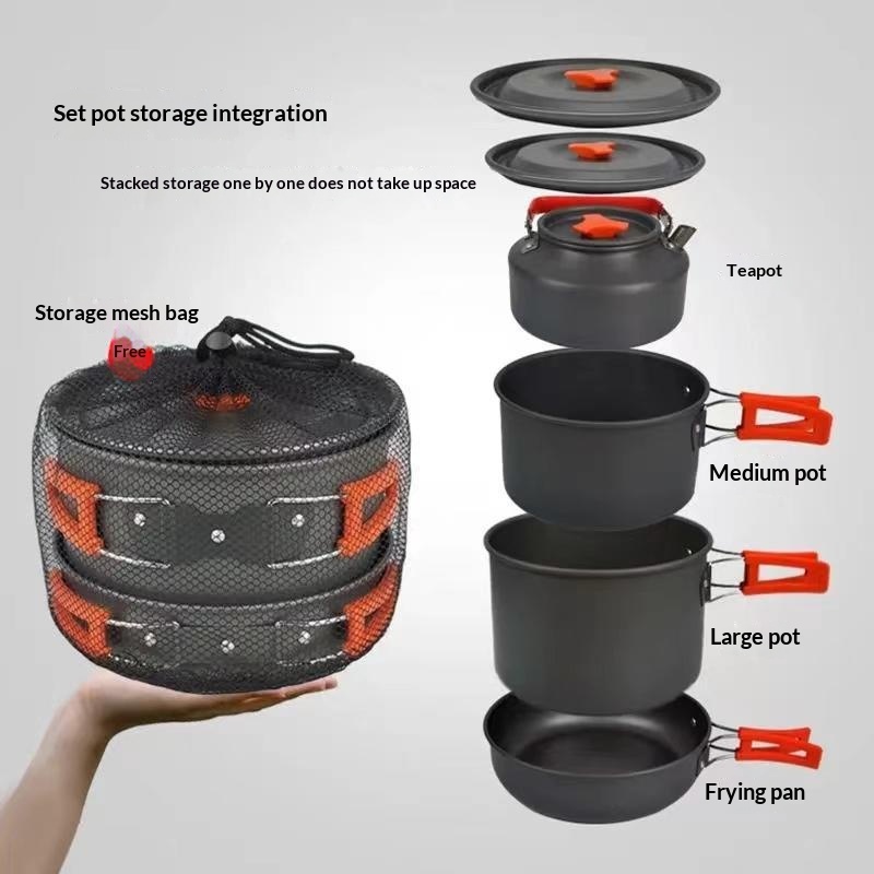 Camping Cooking Set Large - ポータブルアルミ製キャンプ調理器具キット 軽量アウトドアクッキングセット 鍋とフライパン付き ハイキング、ピクニック、旅行用品用 ﻿
