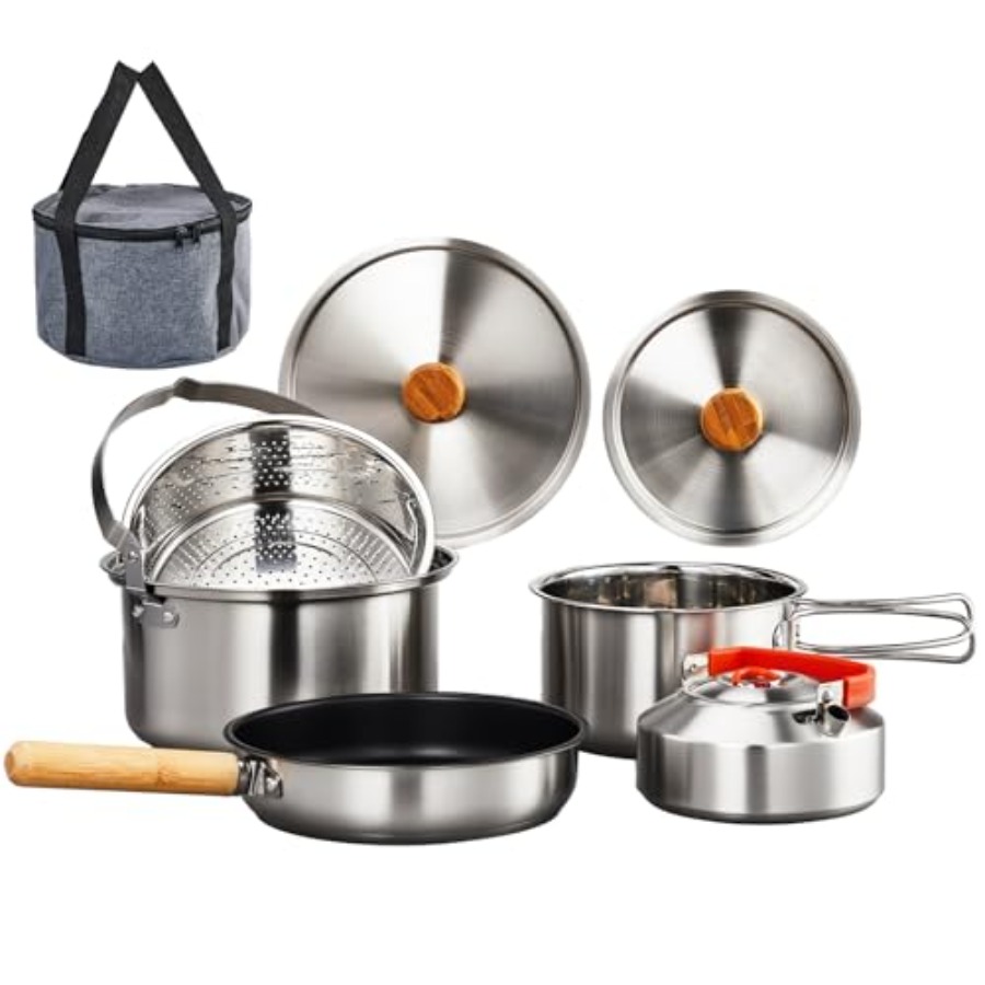 キャンプ用調理器具セット、軽量ステンレス製ネスティング式調理 - Nesting Camping Cooking Set のレビューと価格
