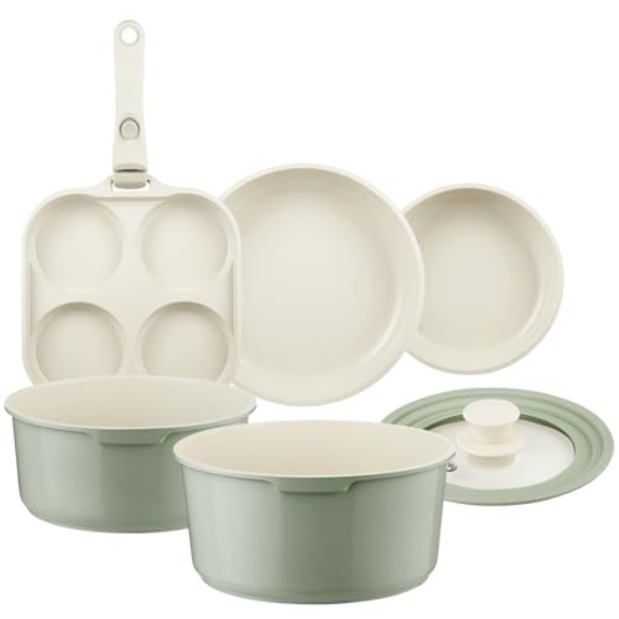 セラミック製鍋とフライパンセット ノンスティック グリーン、 - Camping Cooking Set Detachable Handle のレビューと価格