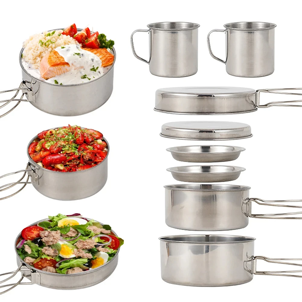 8個/セット キャンプ調理器具セット ステンレス製鍋とフライ - Camping Cooking Set Large のレビューと価格