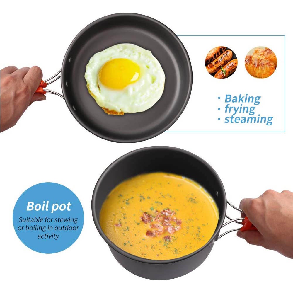 アウトドアキャンプ用調理セット、ノンスティック鍋入れ子式収納 - Nesting Camping Cooking Set のレビューと価格